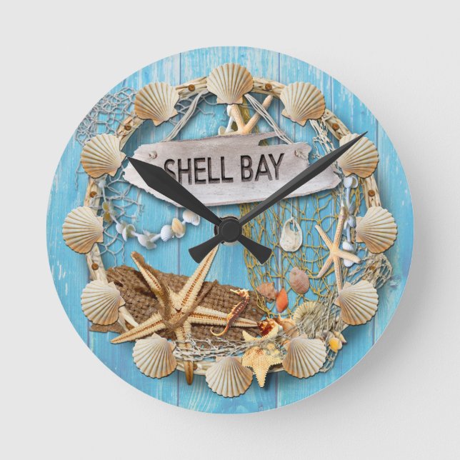 Beach Hut/Beach House Clock, Shell Bay Runde Wanduhr (Vorderseite)