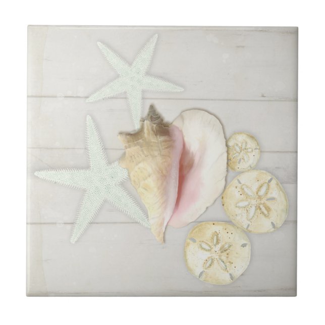 Beach Hütte Starfish Sanddollar Conch Muschel Holz Fliese (Vorderseite)