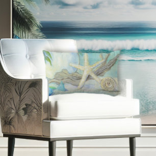 Beach Hütte White Aqua Blue Seashell n Sea Glass Lendenkissen
