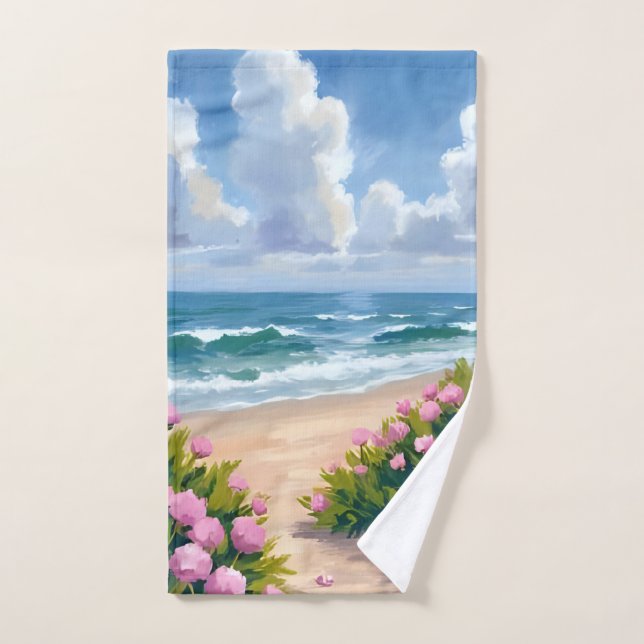 Beach in Bloom | Pink Hydrangea Oceanside Coastal Handtuch (Handtuch)