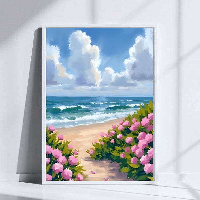 Beach in Bloom | Pink Hydrangea Oceanside Coastal Poster (Von Creator hochgeladen)