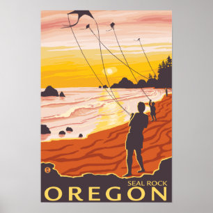 Beach & Kites - Siegel Rock, Oregon Poster