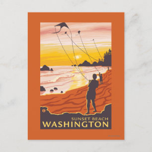 Beach & Kites - Sunset Beach, Washington Postkarte
