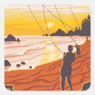 Beach & KitesCoastVintage Reiseplakat Quadratischer Aufkleber