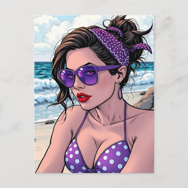 Beach Lady in Shades, Bikini und Bandana Postkarte (Vorderseite)