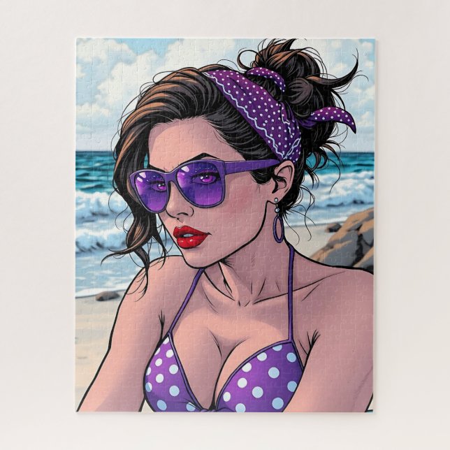 Beach Lady in Shades, Bikini und Bandana Puzzle (Vertikal)