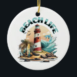 Beach Life Keramik Ornament<br><div class="desc">Weihnachtsschmuck zum Thema Strand. Illustration einer Strandszene mit Leuchtturm,  Surfbrettern,  Palmen und Delphin.</div>