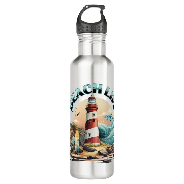 Beach Life Tropical Lighthouse Edelstahlflasche (Vorderseite)