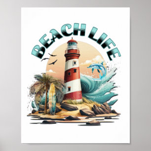 Beach Life   Tropische Leuchtturmkunst Poster
