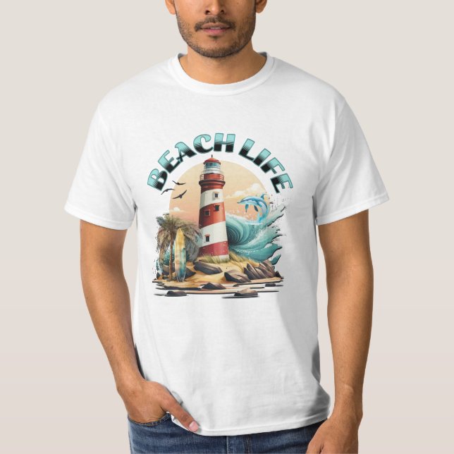 Beach Life | Tropischer Strand und Leuchtturm T-Shirt (Vorderseite)