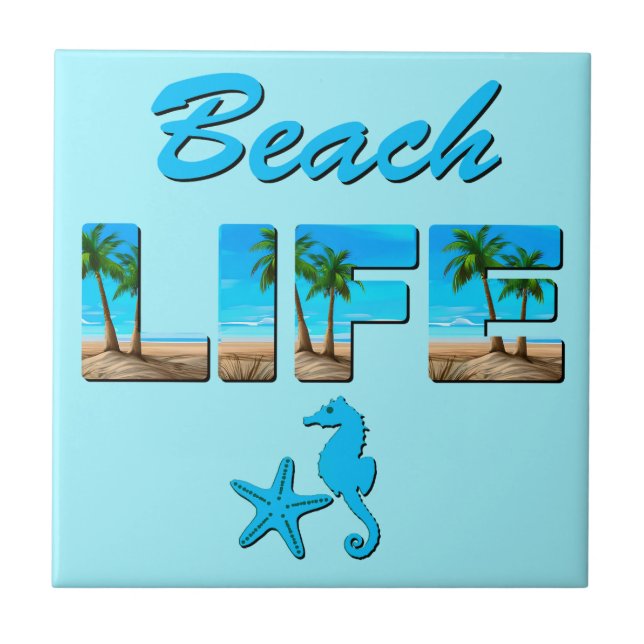 Beach Life Word Art mit Sand und Palmen Fliese (Vorderseite)