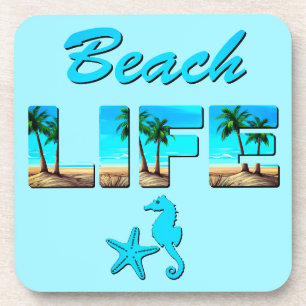Beach Life Word Art mit Sand und Palmen Getränkeuntersetzer