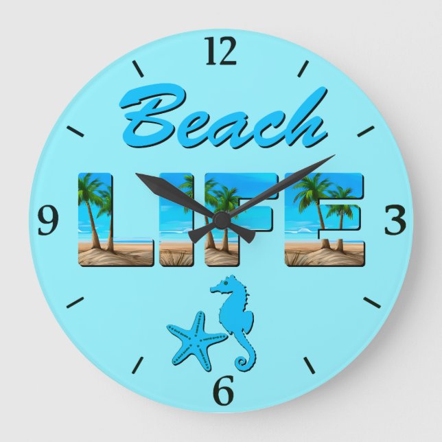 Beach Life Word Art mit Sand und Palmen Große Wanduhr (Vorderseite)
