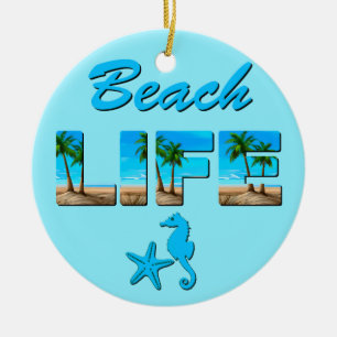 Beach Life Word Art mit Sand und Palmen Keramik Ornament