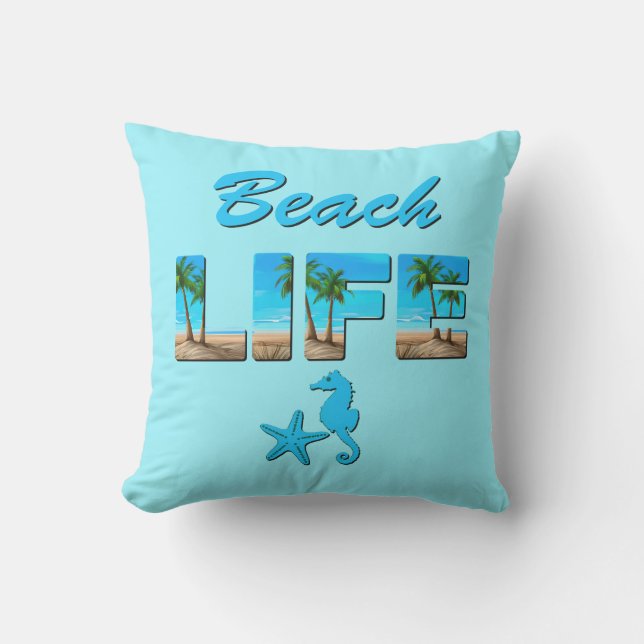 Beach Life Word Art mit Sand und Palmen Kissen (Vorderseite)
