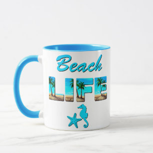 Beach Life Word Art mit Sand und Palmen Tasse