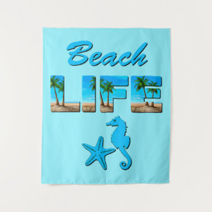 Beach Life Word Art mit Sand und Palmen Wandteppich