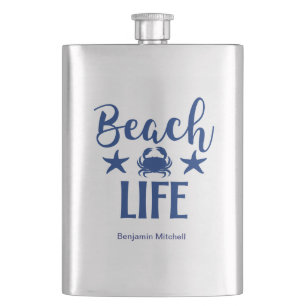 Beach LIFE Zitat Nautische Küste Sommer Navy Flachmann