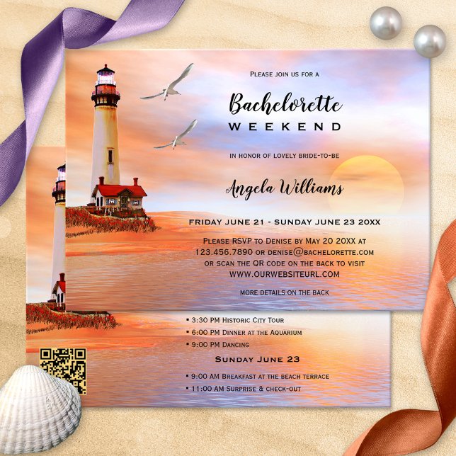 Beach Lighthouse Bachelorette Wochenende Einladung (Bachelorette weekend itinerary template featuring an original painting of a lighthouse on the beach )