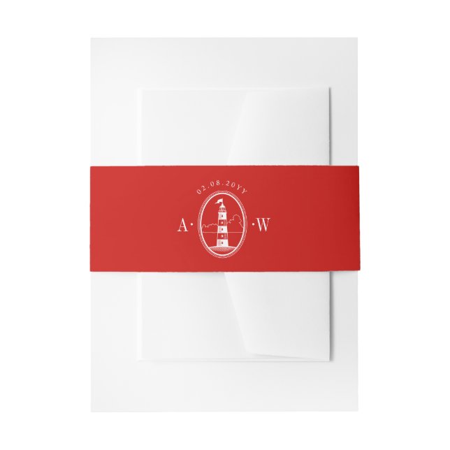 Beach Lighthouse Red Nautical Wedding Monogram Einladungsbanderole (Vorderseite Beispiel)