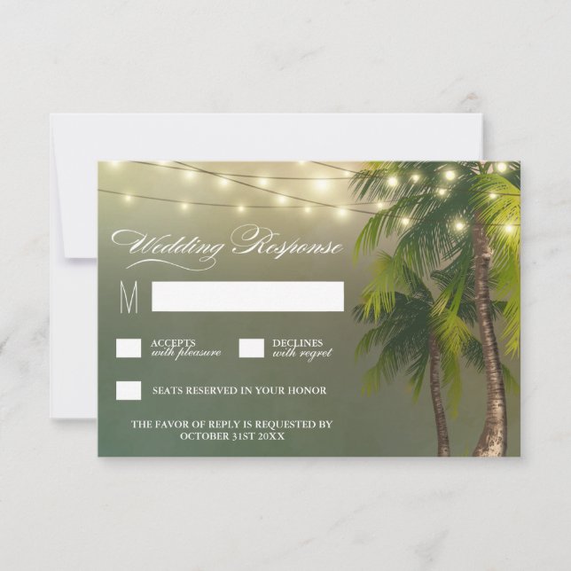 Beach Lights Palm Tree Tropical Wedding RSVP Cards (Vorderseite)