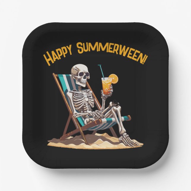 Beach Lounges Skeleton Halloween Pappteller (Vorderseite)