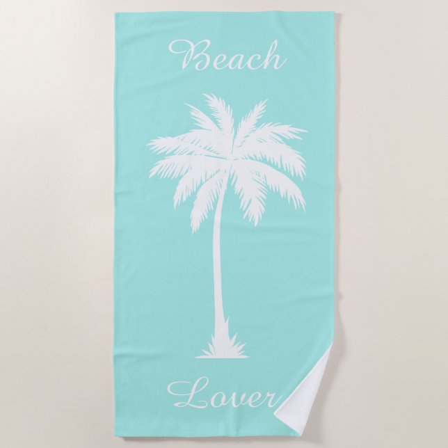 Beach Lover Palm Tree Blue White Beach Handtuch (Vorderseite)