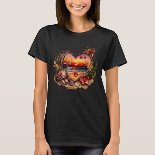 Beach Lover Sunset Seashells Herzgestalterische Bl T-Shirt (Vorderseite)