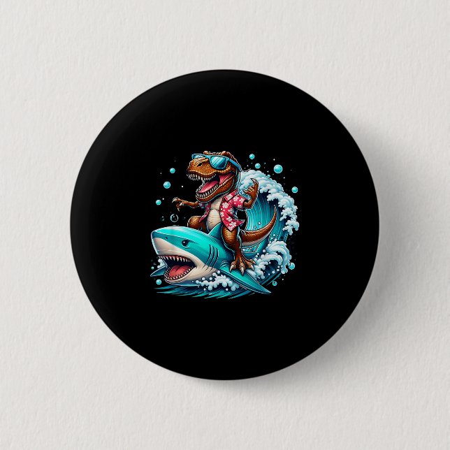 Beach Lover T-rex Dinosaur Riding Shark Surfing Oc Button (Vorderseite)