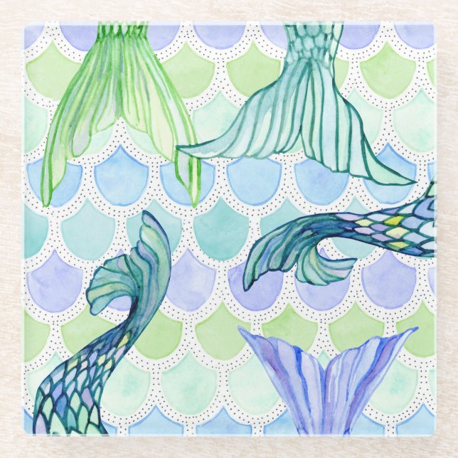 Beach Mermaid Schwanzes Aquarelle Fische Muster Glasuntersetzer (Vorderseite)