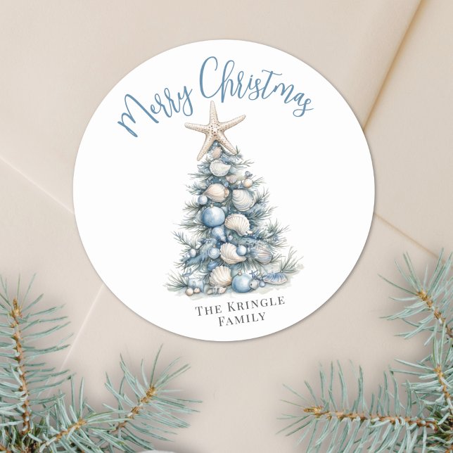Beach Merry Christmas Runder Aufkleber (Beach Merry Christmas Classic Round Sticker)