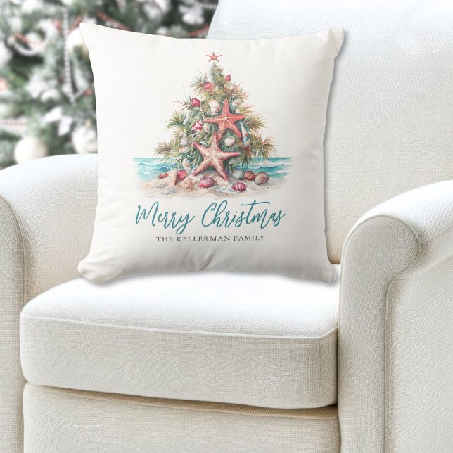 Beach Merry Christmas Tree Kissen (Beach Merry Christmas Tree Throw Pillow )