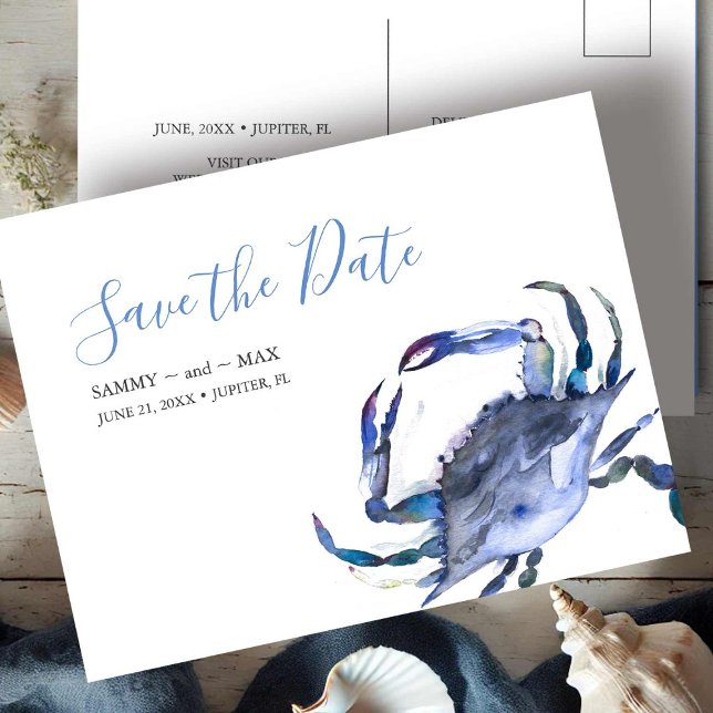 Beach Non Foto Wedding speichern das Datum Einladu Postkarte (beach wedding save the date postcards watercolor blue crab art by Victoria Grigaliunas DoTellABelle)
