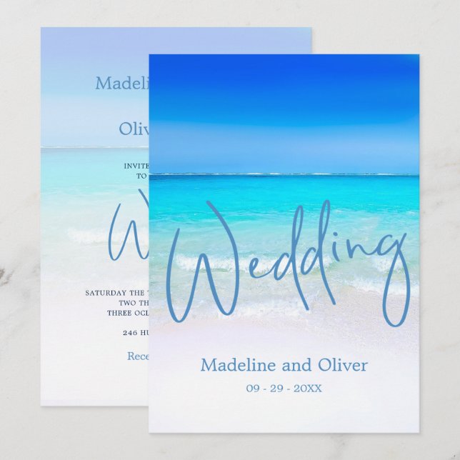 Beach Ocean Blue Sand Moderne Hochzeit Einladung (Vorne/Hinten)