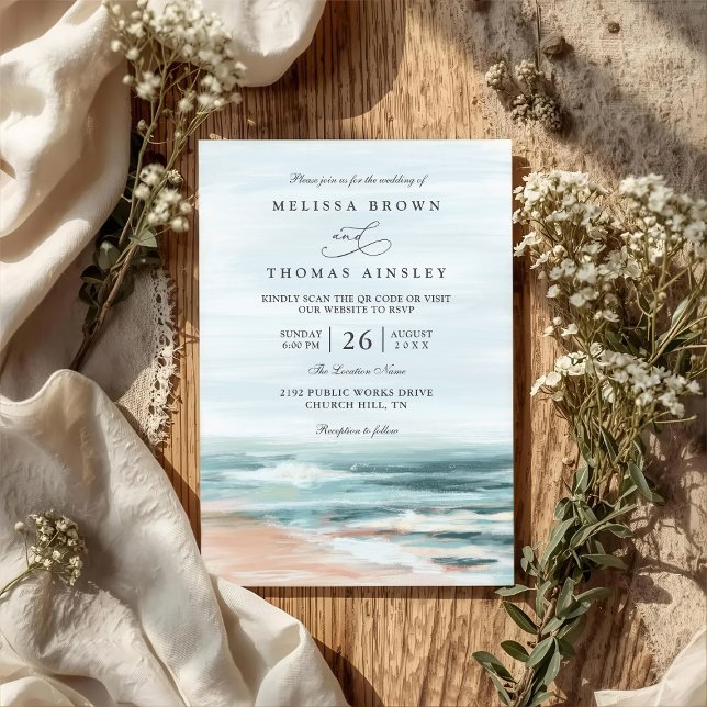 Beach Ocean Destination Elegant QR Code Wedding Einladung (Von Creator hochgeladen)