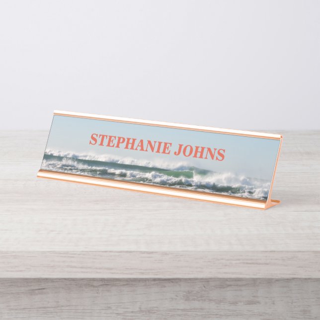Beach Ocean Mit Monogramm Name Wasser Blue Orange Schreibtischnamensplakette (Vorderseite )