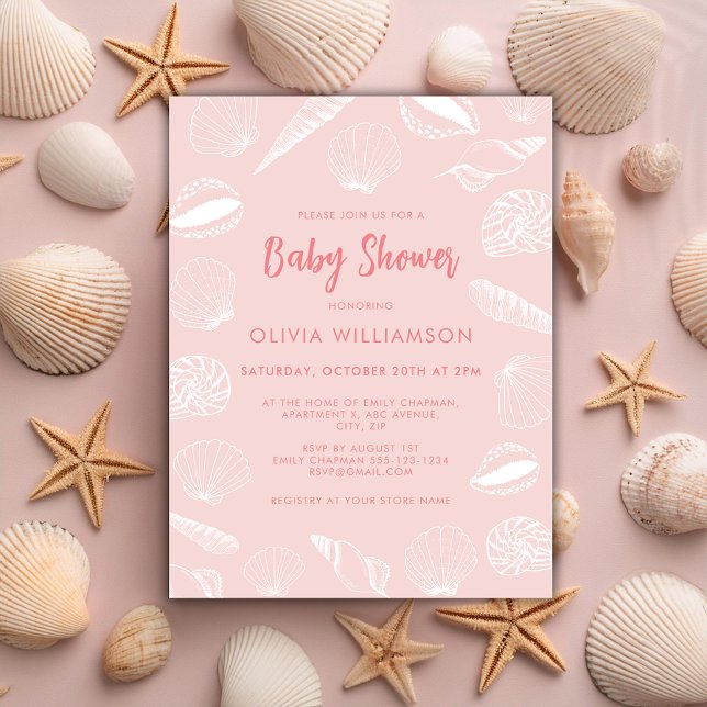 Beach Ocean Muscheln Girls Babydusche Postkarte (Pale pink, sea shell baby shower shower invitation in ocean beach theme.)