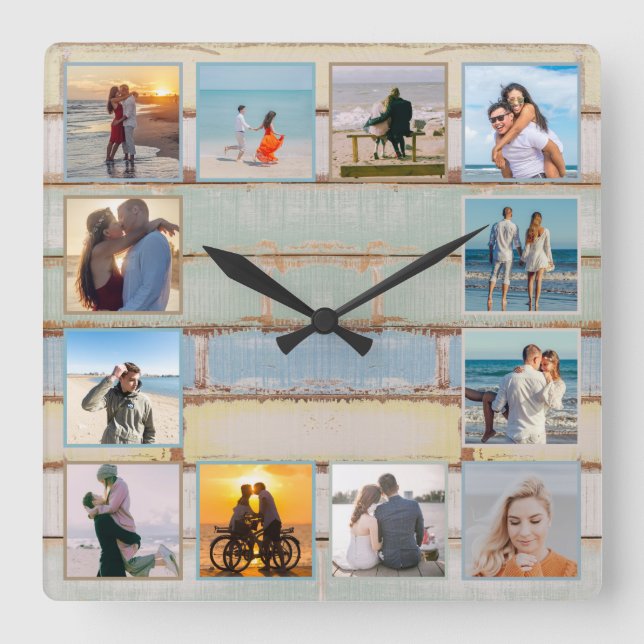 Beach Ocean Not Wood 12-Foto Collage Foto Quadratische Wanduhr (Vorderseite)
