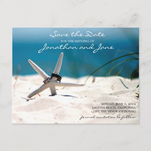 Beach Ocean Rings Starfish Hochzeit Save the Date Ankündigungspostkarte (Vorderseite)