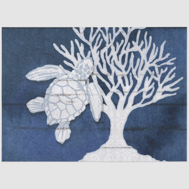 Beach Ocean Turtle Coral Navy Blauer Weißer Wald Seidenpapier (Vorderseite)
