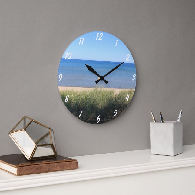Beach Ocean Water Sky Blue Green Shore Landschaftl Große Wanduhr (Büro)
