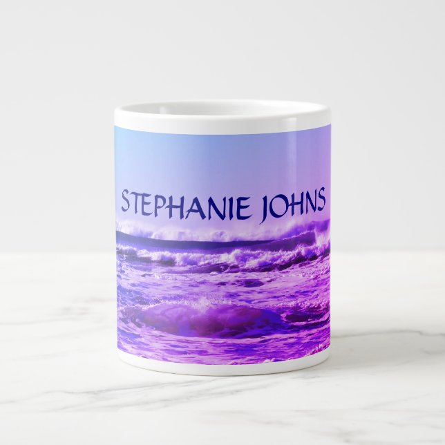 Beach Ocean Wave Mit Monogramm Name Wasser Rosa Om Jumbo-Tasse (Vorderseite)