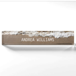 Beach Ocean Waves Monogram Name White Brown Sandy Namensplakette