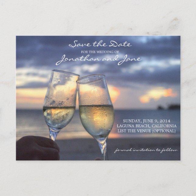 Beach Ocean Wedding Champagne Glass Save the Date Ankündigungspostkarte (Vorderseite)