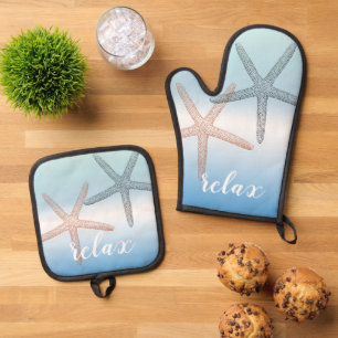 Beach Orange Blue Starfish Relax Ofenhandschuh & Topflappen-Set