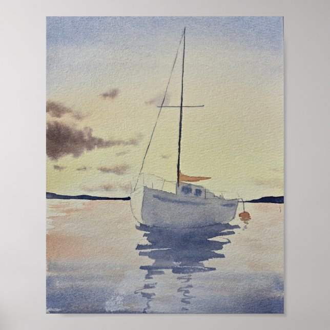 Beach painting with a boat Watercolor  Poster (Vorne)