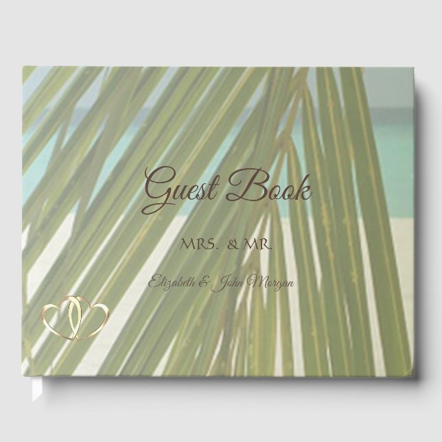 Beach Palm Blätter Hearts Wedding Gästebuch (Vorderseite)