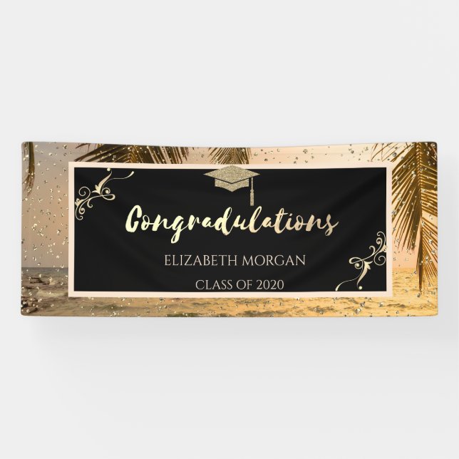 Beach Palm Glitzer Graduate Cap, Confetti Banner (Horizontal)