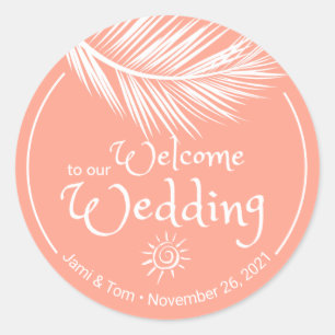 Beach Palm Leaf Coral Wedding Willkommensaufkleber Runder Aufkleber