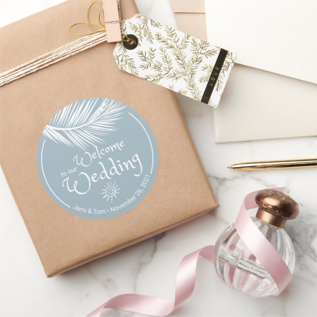 Beach Palm Leaf Dusty Blue Wedding Empfang Runder Aufkleber (Schenken)